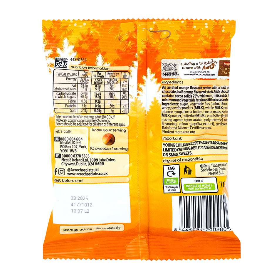 Aero Bubbles Orange Pouch (UK) - 70g   Nutrition Facts Ingredients
