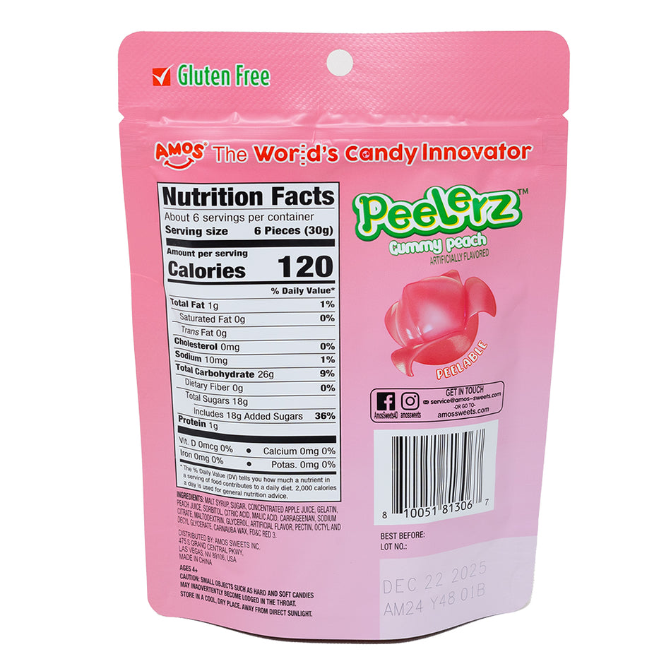 Amos Peelerz Gummy Peach Candies - 6oz  TikTok Candy  Nutrition Facts Ingredients
