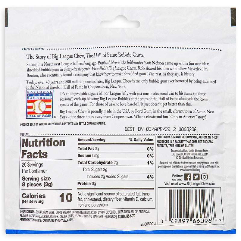 Big League Chew - Bubble gum- cotton candy - baseball gum - Nutrition Facts -      Ingredients