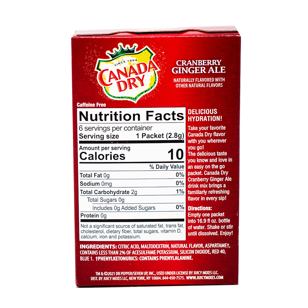 Singles to Go Canada Dry Cranberry Ginger Ale - 6pk  Nutrition Facts Ingredients - Singles to Go - Powder Drink - Powdered Drink - Drink Mix - Canada Dry - Ginger Ale - Canada Dry Ginger Ale - Cranberry Drink