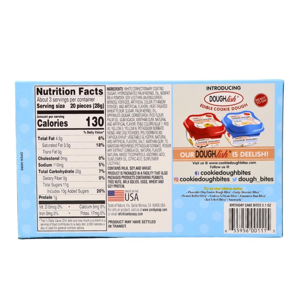 Birthday Cake Cookie Dough Bites Theater Pack - 3.1oz Nutrition Facts Ingredients, cookie dough bites, birthday cake cookie dough bites, birthday cake candy, birthday cake snacks, cookie dough, cookie dough candy
