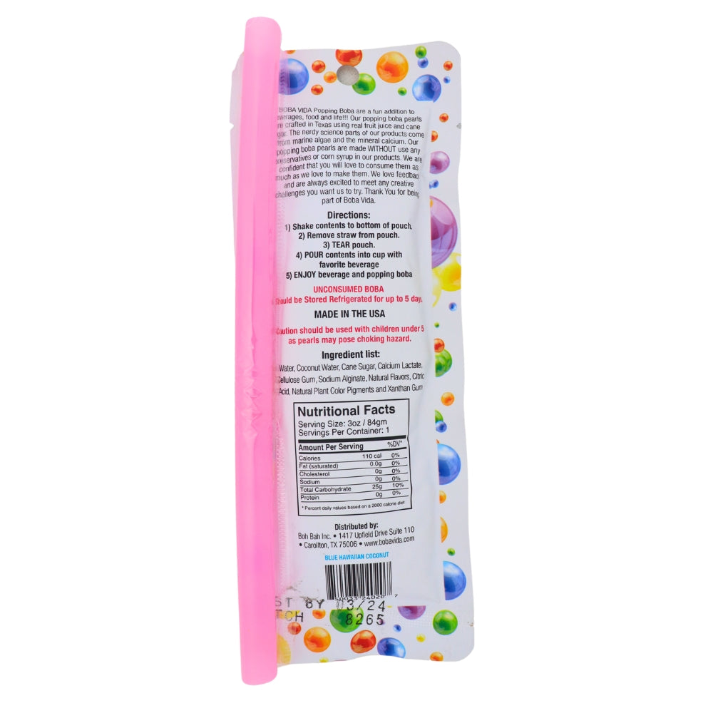 Boba Vida Blue Hawaiian Coconut - 3oz Nutrition Facts Ingredients-Blue Hawaiian-Popping Boba-Coconut Candy