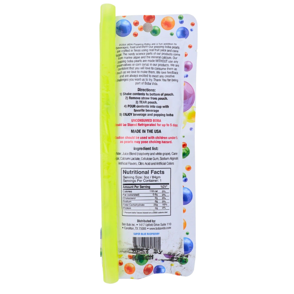 Boba Vida Super Blue Raspberry - 3oz Nutrition Facts Ingredients-Popping Boba-Blue Raspberry-Fruity Candy