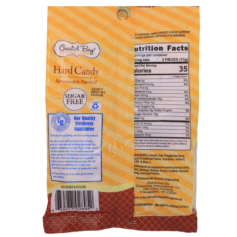 Coastal Bay Sugar Free Butterscotch Hard Candy - 3oz Nutrition Facts Ingredients