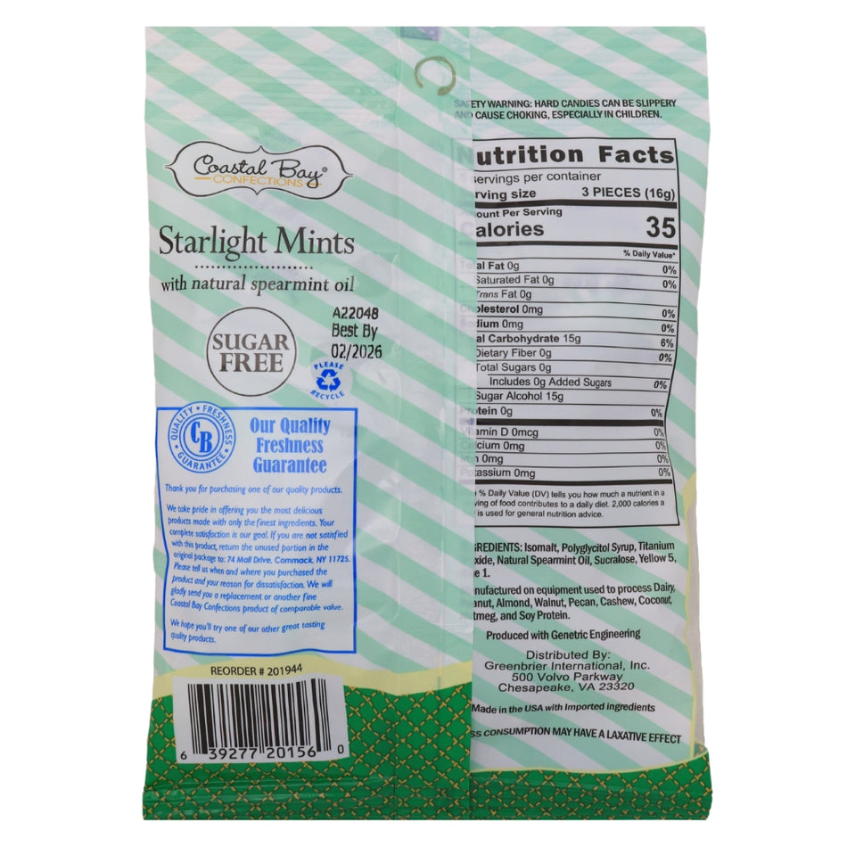 Coastal Bay Sugar Free Starlight Mints - 3oz Nutrition Facts Ingredients -Sugar Free Candy - Mints 