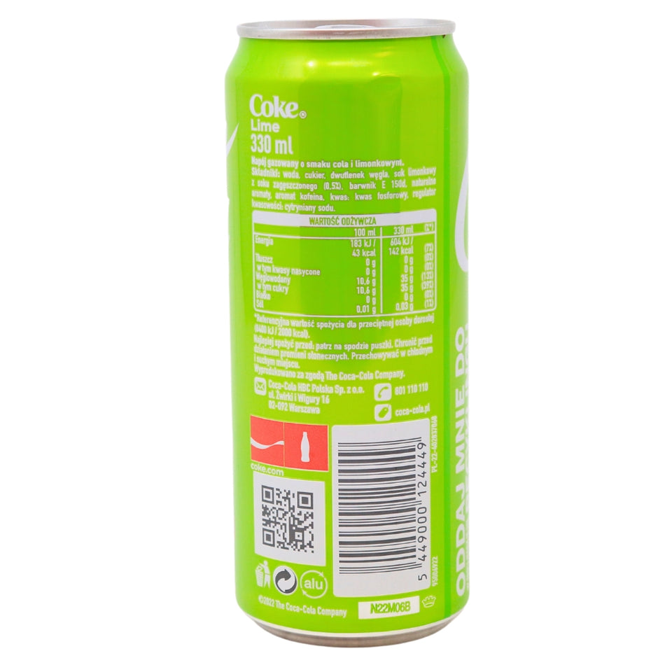 Coca Cola Lime - 330mL Nutrition Facts Ingredients-Lime Coke-Lime Soda