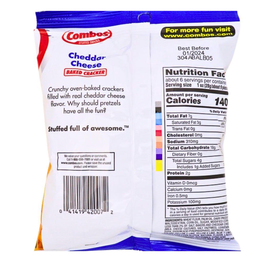 Combos Baked Snacks, Cheddar Cheese Cracker Flavored Filling - 6.3 oz