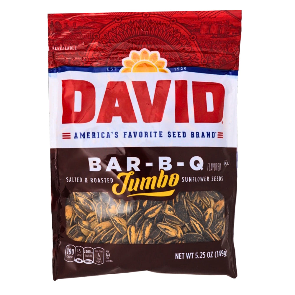 DAVID Bar-B-Q Jumbo Sunflower Seeds - 5.25 oz, DAVID Bar-B-Q Jumbo Sunflower Seeds, Satisfying crunch of sunflower seeds, Irresistible BBQ flavor, Ultimate snacking companion, Taste of summer all year round, BBQ delight and sunflower seed crunch, Davids sunflower seeds, davids seeds