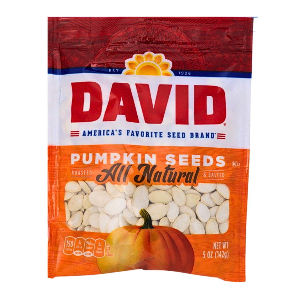 DAVID All Natural Pumpkin Seeds - 5 oz., DAVID All Natural Pumpkin Seeds, Autumn's harvest snack, Nature's patch to your snack time, Lightly seasoned natural flavor, Wholesome and satisfying treat, Davids sunflower seeds, davids pumpkin seeds, davids seeds