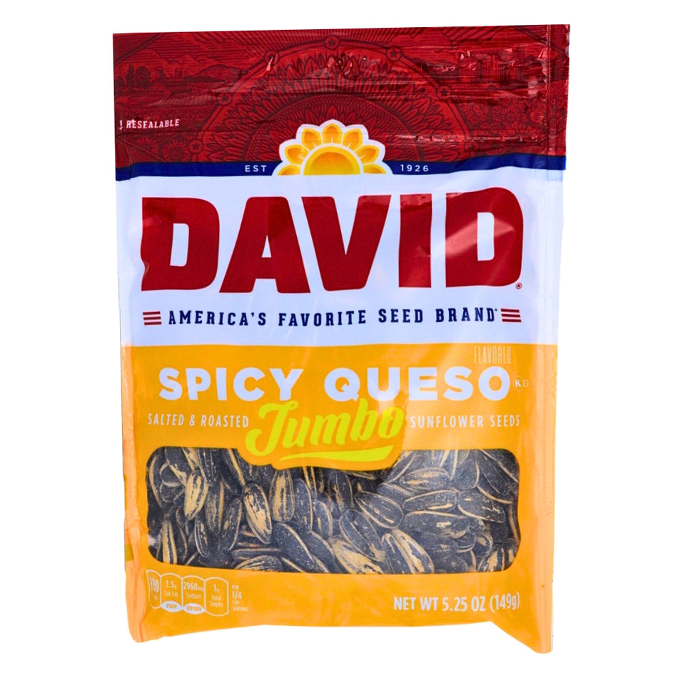 DAVID Spicy Queso Jumbo Sunflower Seeds - 5.25 oz, DAVID Spicy Queso Jumbo Sunflower Seeds, Bold fiesta of flavor, Zesty heat of spicy queso, Flavor-packed adventure, Burst of bold flavors, Mini fiesta in every seed, Irresistible kick of spice, Go-to snack for a fiesta, Embrace the heat and flavor, Sunflower seed fiesta and flavor adventure, Davids sunflower seeds, davids seeds, original sunflower seeds, sunflower seeds, spicy sunflower seeds