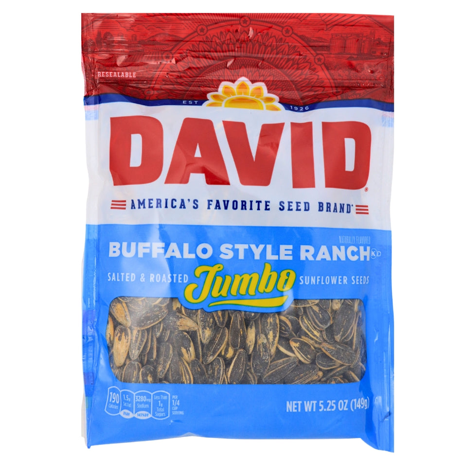 DAVID Buffalo Style Ranch Jumbo Sunflower Seeds - 5.25 oz, DAVID Buffalo Style Ranch Jumbo Sunflower Seeds, Wing-spiced flavor adventure, Zesty kick of buffalo wings, Creamy coolness of ranch dressing, Burst of buffalo spice, Mini flavor explosion, Fiery tang of buffalo sauce, Comforting embrace of ranch, Bold and satisfying crunch, Flavor fun and sunflower seed adventure, Davids sunflower seeds, davids seeds, ranch sunflower seeds, buffalo sunflower seeds