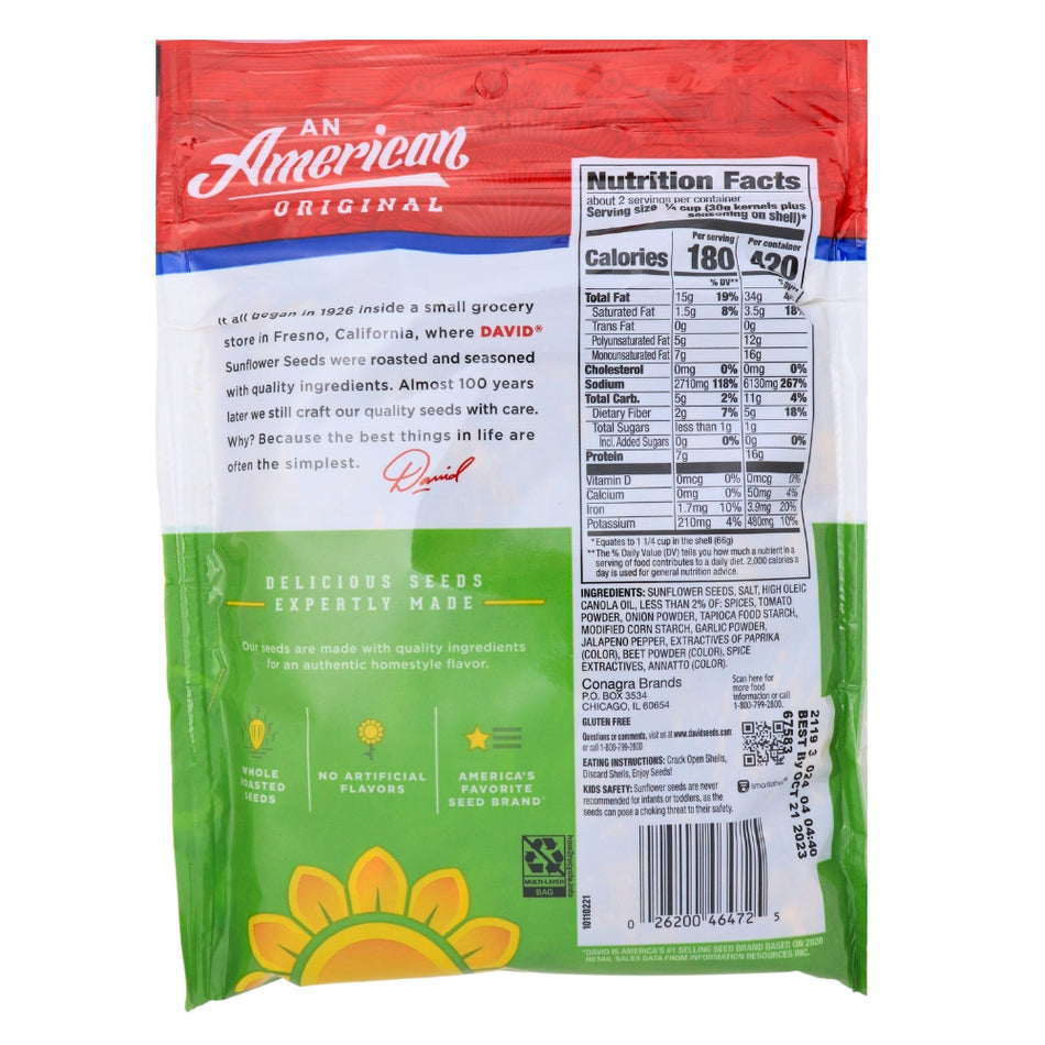 DAVID Jalapeno Jumbo Sunflower Seeds - 5.25 oz Nutrition Facts Ingredients