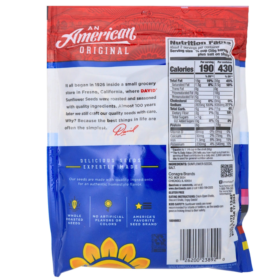 DAVID Original Jumbo Sunflower Seeds - 5.25 oz Nutrition Facts Ingredients