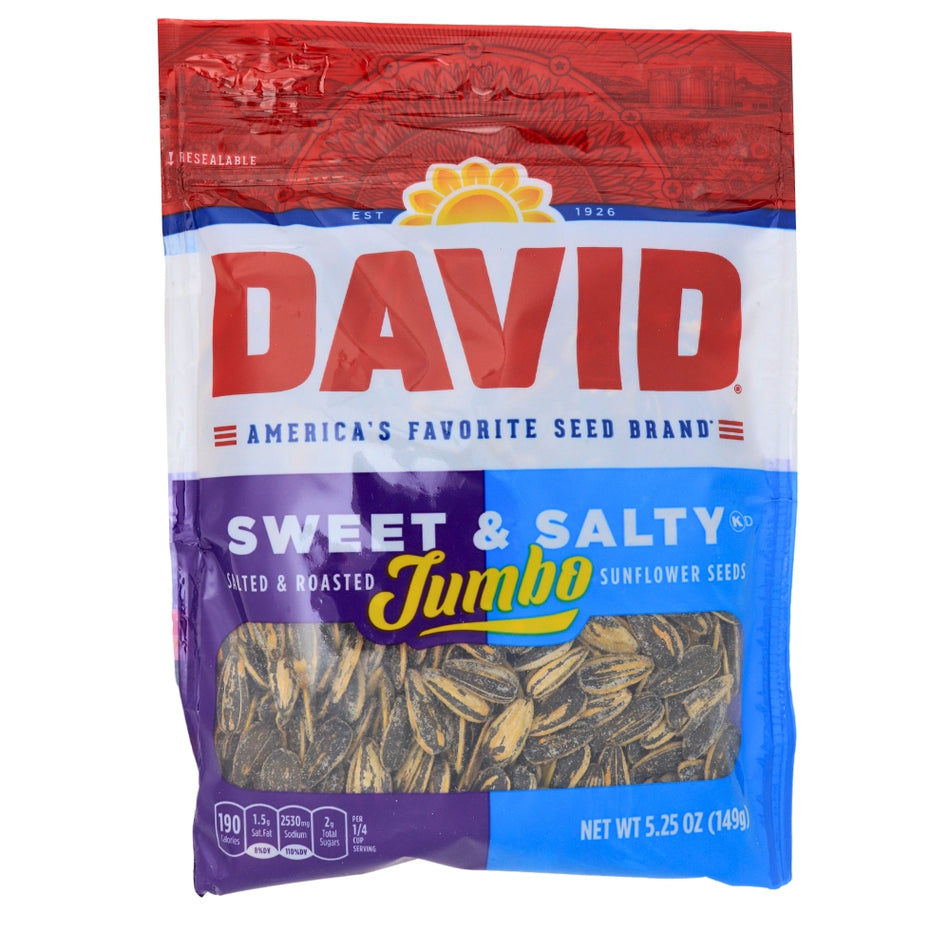 DAVID Sweet & Salty Jumbo Sunflower Seeds - 5.25 oz, DAVID Sweet & Salty Jumbo Sunflower Seeds, Hint of sweetness and satisfying saltiness, Delectable snacking experience, Irresistible taste sensation, Davids sunflower seeds, davids seeds, original sunflower seeds, sunflower seeds, sweet and salty sunflower seeds