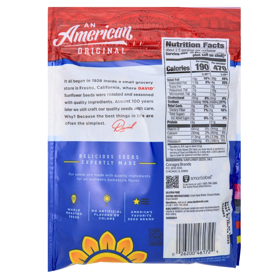 DAVID Original Sunflower Seeds - 5.25 oz Nutrition Facts Ingredients