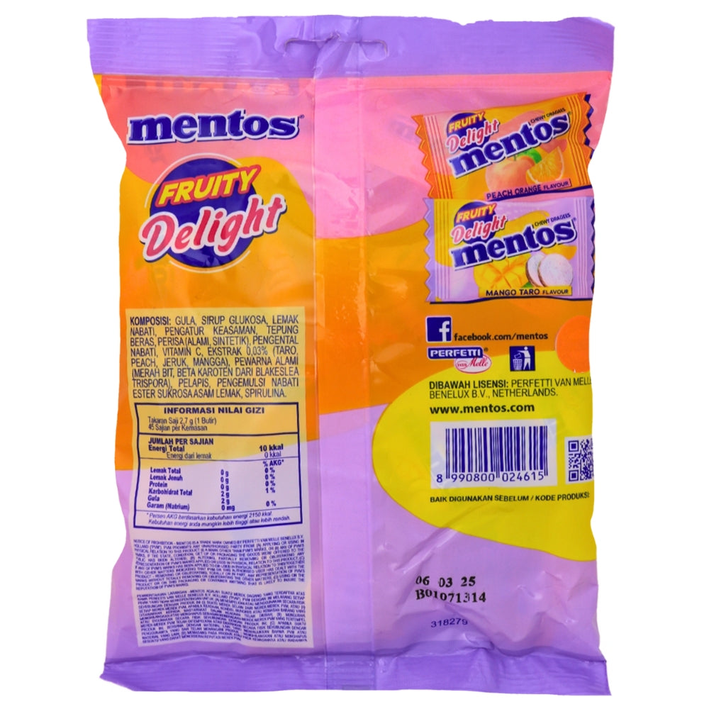 Mentos Fruit Delight Peach/Orange & Mango/Taro (Indonesia) - 121.5g Nutrition Facts Ingredients-Mentos - Asian Candy - Orange Candy - Taro Candy