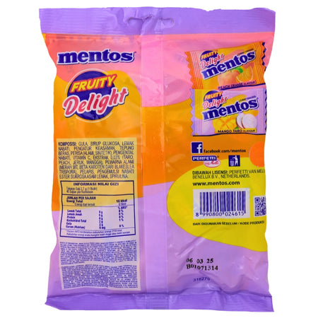Mentos Fruit Delight Peach/Orange & Mango/Taro (Indonesia) - 121.5g Nutrition Facts Ingredients-Mentos - Asian Candy - Orange Candy - Taro Candy