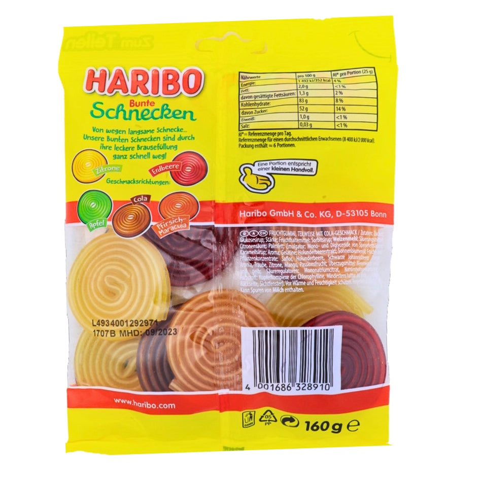 Haribo Bunte Schnecken Candy - 175 g Nutrition Facts Ingredients, Haribo Bunte Schnecken Candy, spiral gummies, fruity flavors, gluten-free candy, candy fun, rainbow candy