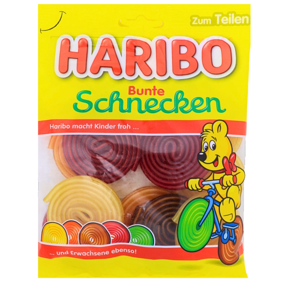 Haribo Bunte Schnecken Candy - 175 g, Haribo Bunte Schnecken Candy, spiral gummies, fruity flavors, gluten-free candy, candy fun, rainbow candy