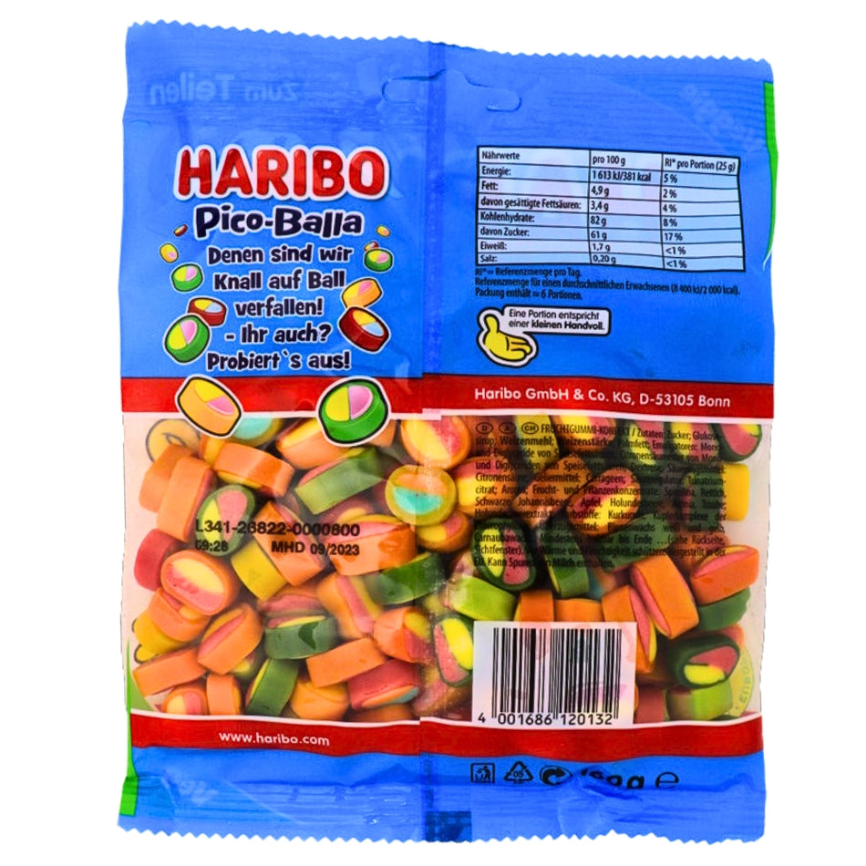 Haribo Pico-Balla Candy Nutrition Facts Ingredients, Haribo Pico-Balla Candy, Fruit Flavored Snacks, Bite-Sized Joy, Colorful Candies, Fun and Flavorful, haribo, haribo gummy, haribo gummies, german candy, german gummies, gummy candy, gummies