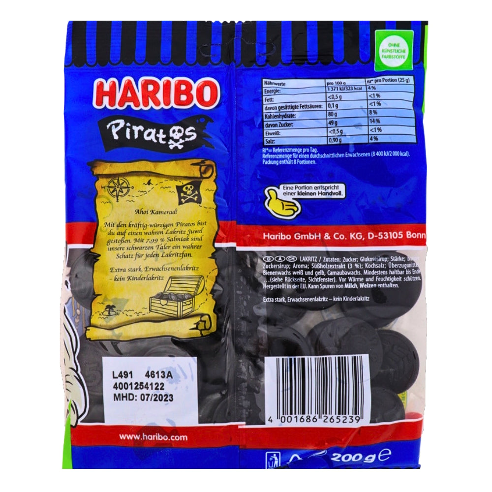 Haribo Piratos Salmiak Licorice Candy - 200g Nutrition Facts Ingredients, Haribo Piratos Salmiak Licorice Candy, Salty Sweet Delight, Bold Licorice Flavor, Unique Candy, Flavorful Treats, haribo, haribo gummy, haribo gummies, german candy, german gummies, gummy candy, gummies