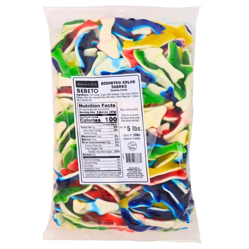 Kervan Sharks Assorted Gummy Candy-5lbs Nutrition Facts Ingredients-Bulk Candy-Gummy Candy-Gummies-Gummy Sharks