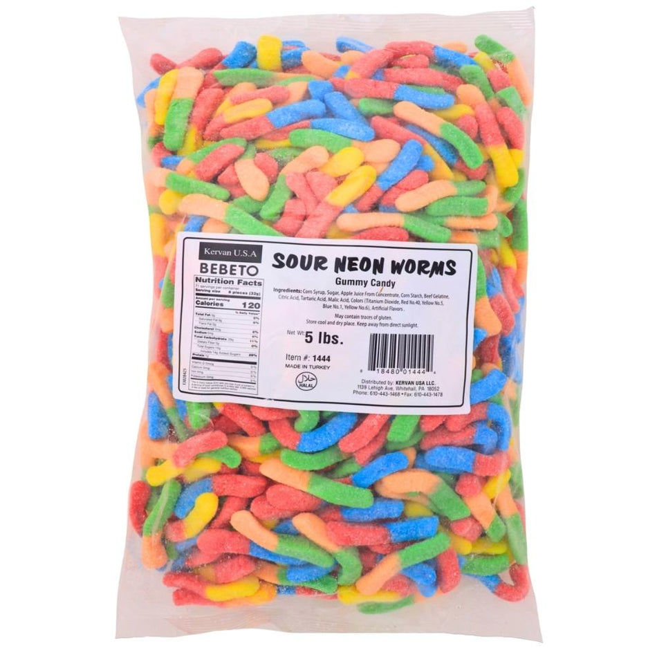 Kervan Sour Neon Worms Gummy Candy-5 lbs.