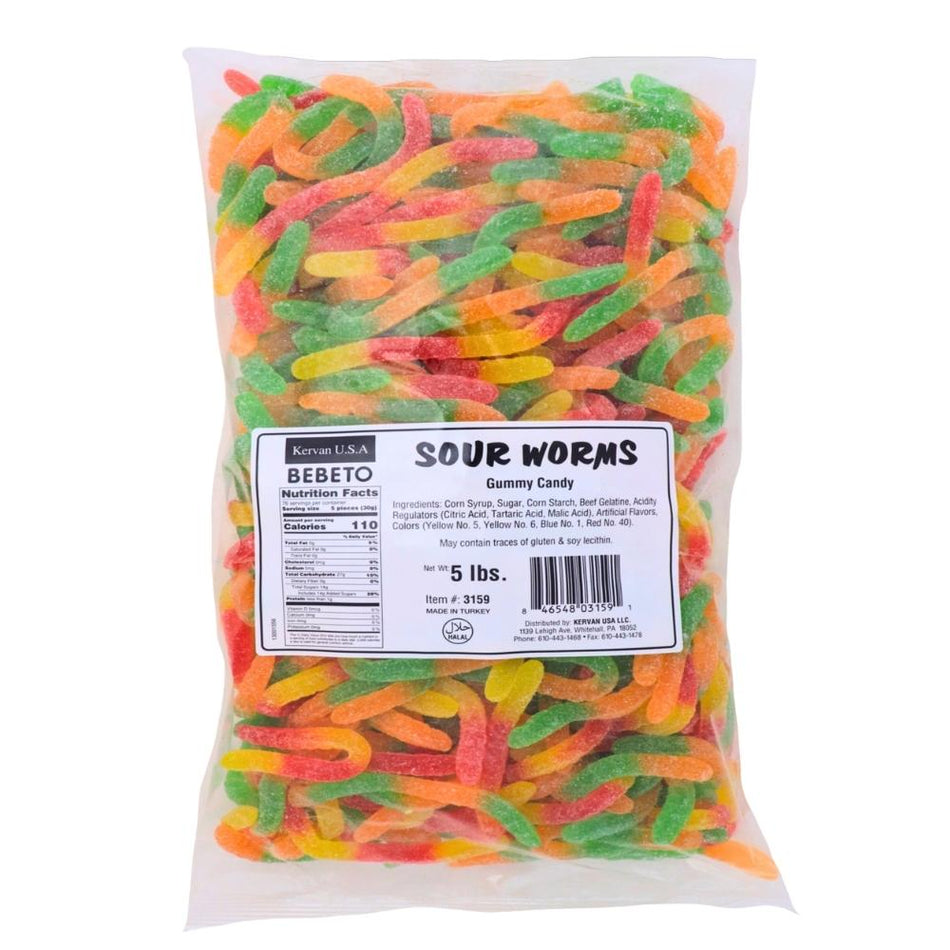 Kervan Sour Worms Gummy Candy-5 lbs. Nutrition Facts Ingredients-Bulk Candy-Gummy Candy-Gummies-Sour Candy-Gummy Worms