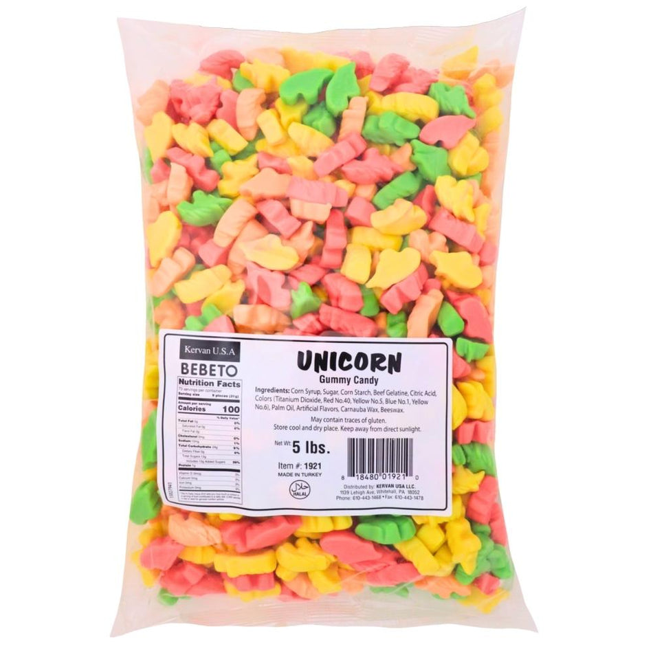 Kervan Unicorns - 5lb Nutrition Facts Ingredients-Bulk Candy-Gummies-Rainbow Candy-Unicorn Candy