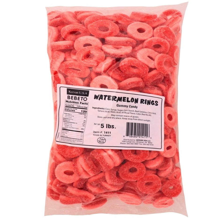 Kervan Watermelon Rings Gummy Candy-5 lbs. Nutrition Facts Ingredients-Bulk Candy-Gummy Candy-Gummies-Sour Candy-watermelon candy