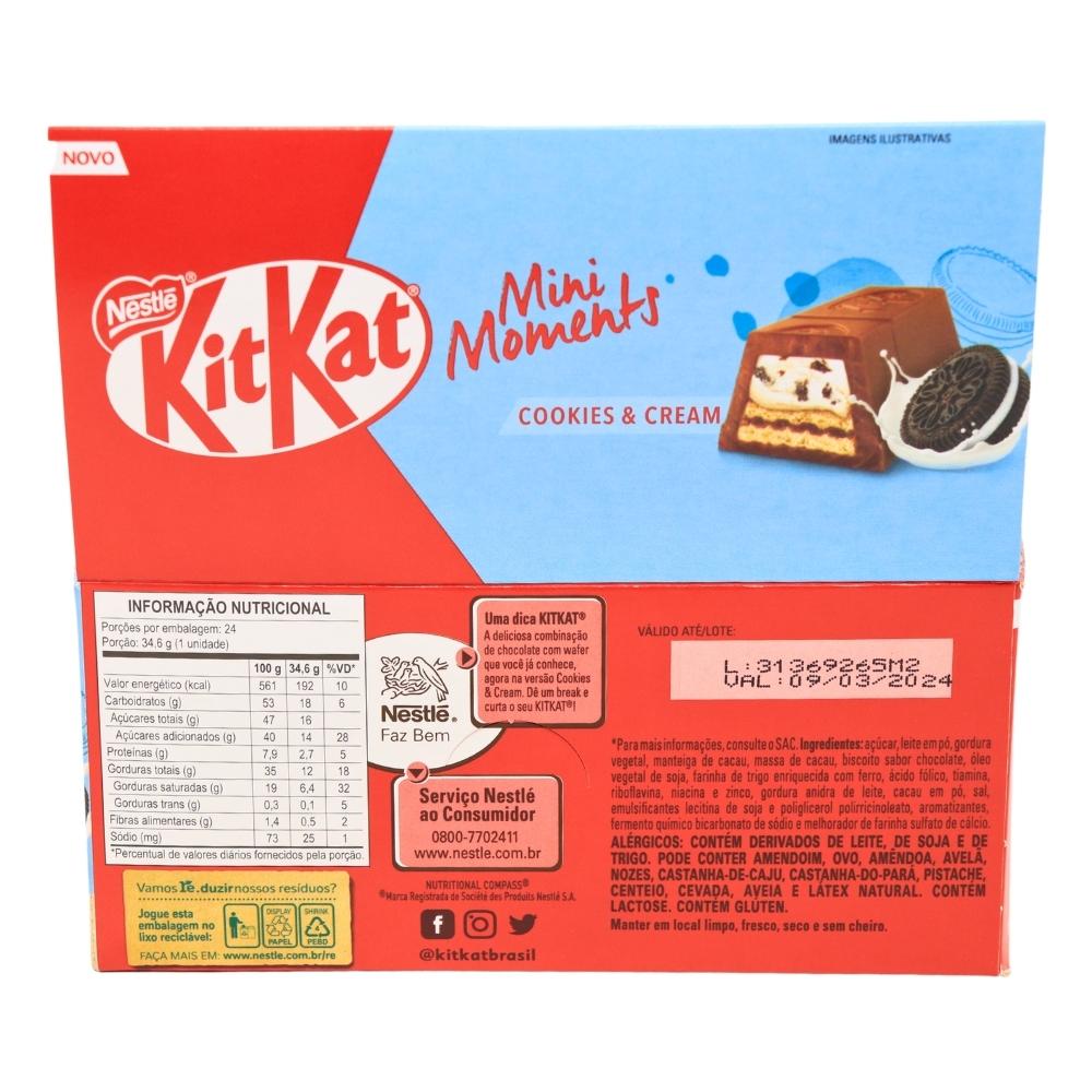 KitKat Mini Moments: Cookies and Cream (Brazil) - 39.6g Nutrition Facts Ingredients - Kit Kat - Brazilian Candy  - Cookies and Cream - Chocolate Bar