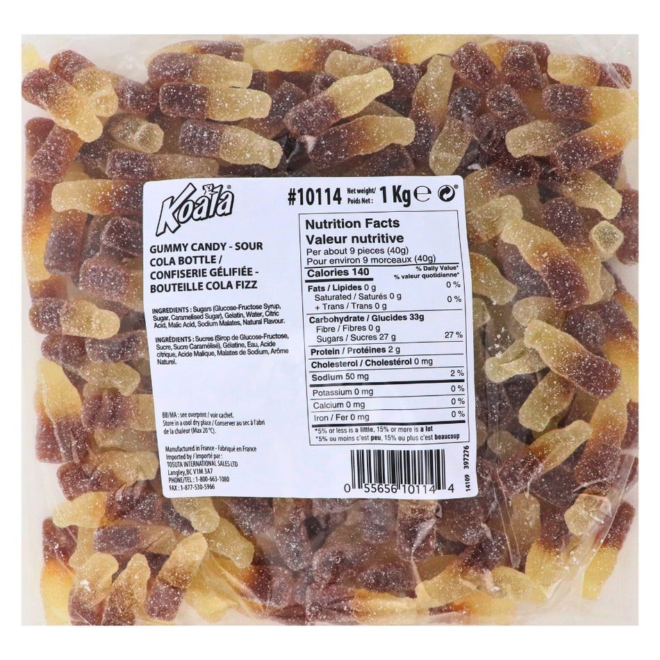 Koala Sour Cola Bottles Candies 1 kg Front Ingredients Nutrition Facts, gummie candy, gummy candy, fun gummies, soft gummies, soft gummy, sour candy, sour gummy, sour gummies, cola gummy, cola candy, soda candy, bulk candy, bulk gummies, sweet & sour candy, sweet and sour candy