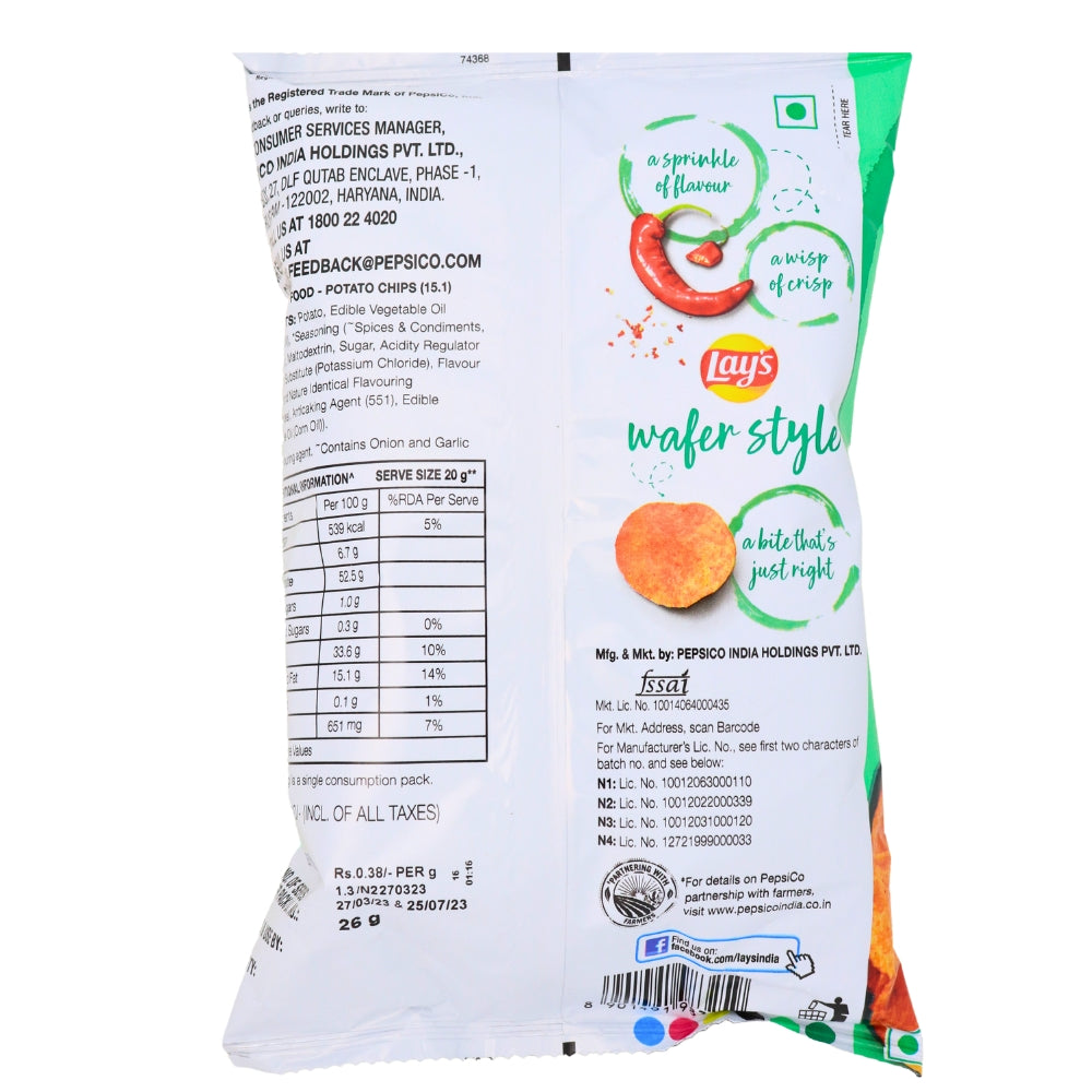 Lays Wafer Style Sundried Chili (India) - 26g Nutrition Facts Ingredients-Lays-Indian Snacks-Spicy Chips-Hot Chips