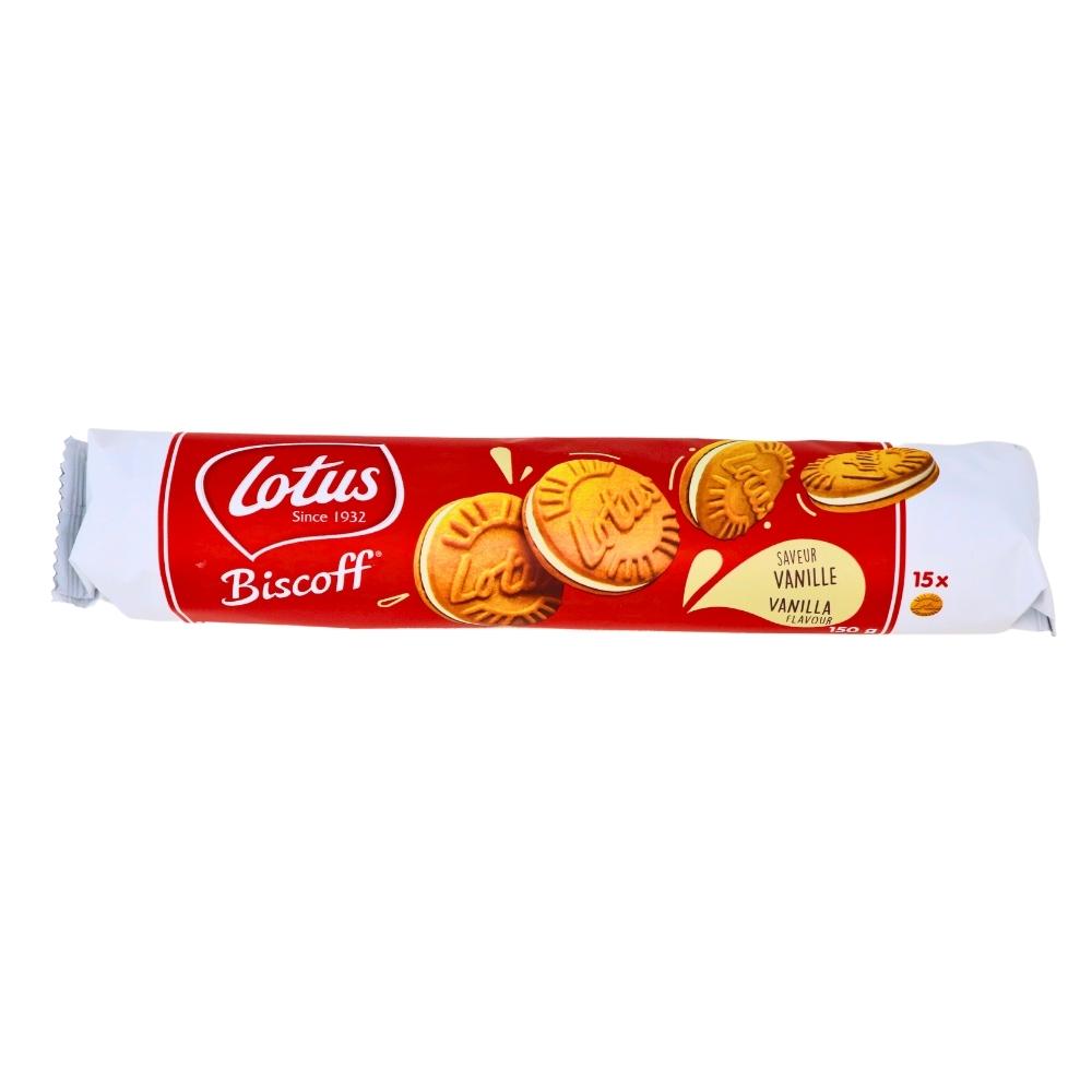 Lotus Sandwich Cookies Filled with Vanilla Cream - 150g, Lotus Vanilla Dream Sandwich Cookies, Whimsical Escape, Perfectly Baked, Crispy Cookies, Velvety Vanilla Cream, Flavorful Journey, Dreamy Delights, Fun and Flavor, Irresist