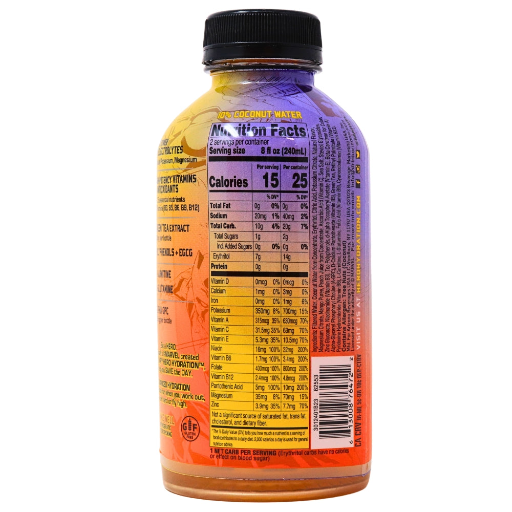 Arizona Marvel Super LXR Hero Hydration Peach Mango - 16oz Nutrition Facts Ingredients