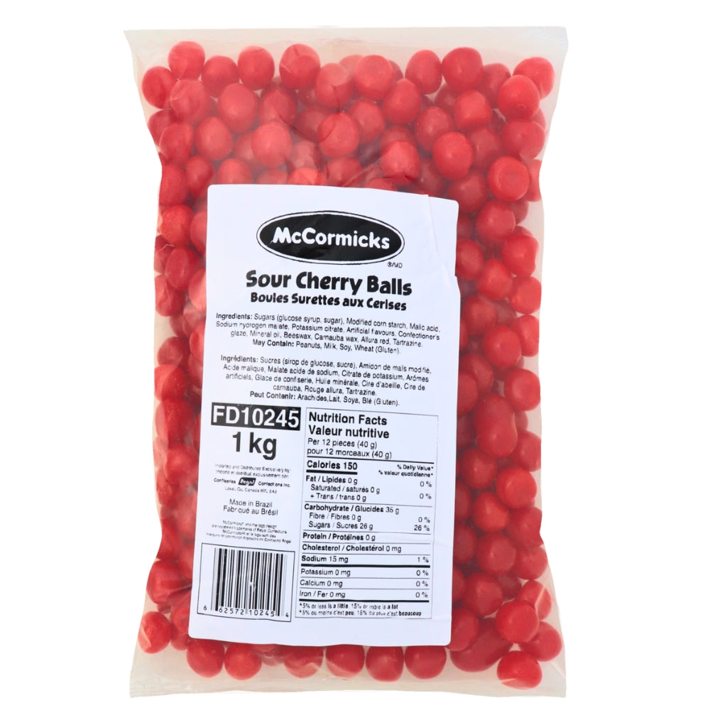 McCormick's Sour Cherry Balls - 1 kg Nutrition Facts Ingredients, red candy, cherry candy, sour candy, sour balls, sour cherry balls, canadian candy