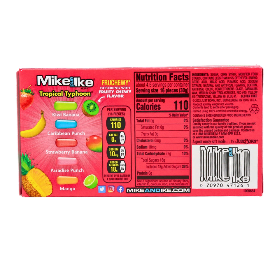 Mike and Ike Tropical Typhoon Theatre Pack - 5oz ingredients nutrition facts, Mike and Ike Tropical Typhoon, Tropical fruit candy, Exotic flavors, Chewy candy, Luau in your mouth, Mango candy, Pineapple candy, Tropical paradise, Fruit-flavored sweets, Candy Funhouse delights, Theatre Pack candy, Flavor wave, Taste bud adventure