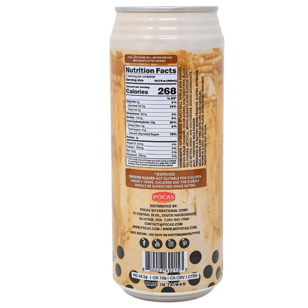 Pocas Bubble Tea with Tapioca Pearls Brown Sugar - 16.5oz Nutrition Facts Ingredients-Bubble Tea-Brown Sugar Boba-Milk Tea