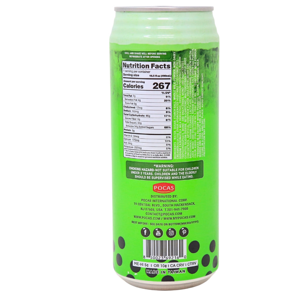 Pocas Bubble Tea with Tapioca Pearls Honeydew - 16.5oz Nutrition Facts Ingredients-Bubble Tea-Honeydew Boba-Tapioca Pearls