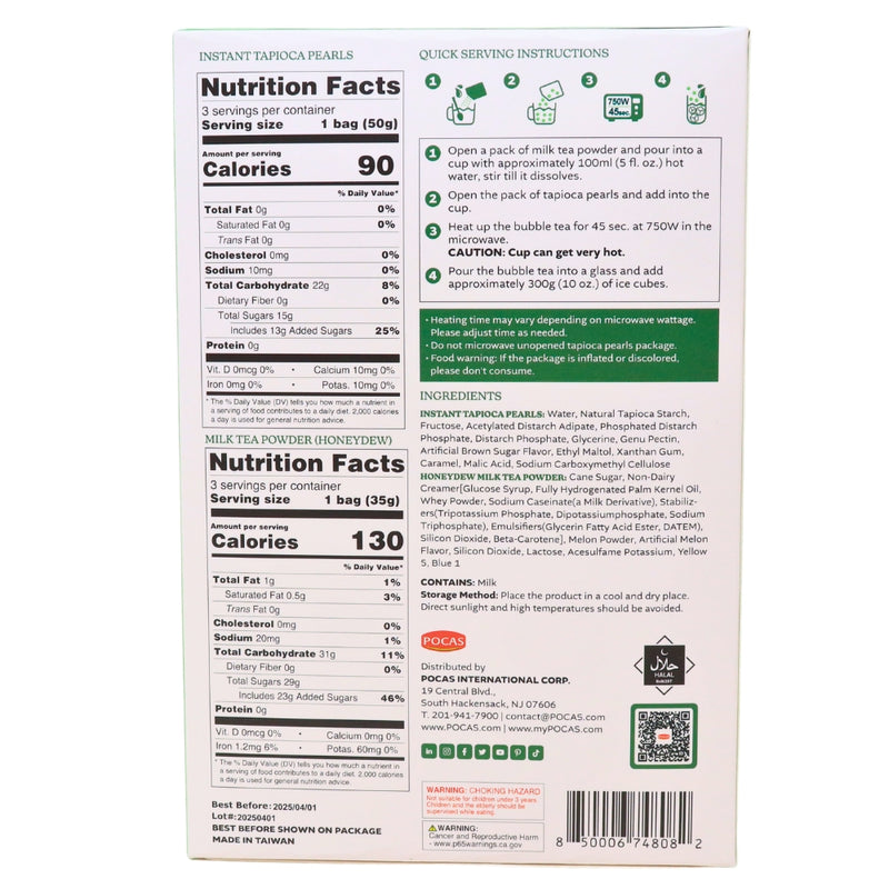 Pocas DIY Bubble Tea Kit Honeydew 3 Pack -  9oz Nutrition Facts Ingredients-Bubble Tea Kit-honeydew bubble tea-honeydew milk tea