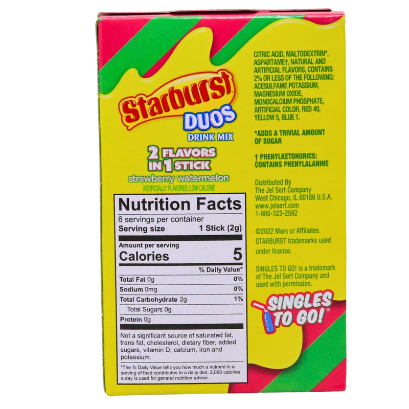 Starburst Duos Singles to Go Strawberry Watermelon Drink Mix - 12.4g Nutrition Facts Ingredients-Starburst-Flavored water-Watermelon candy