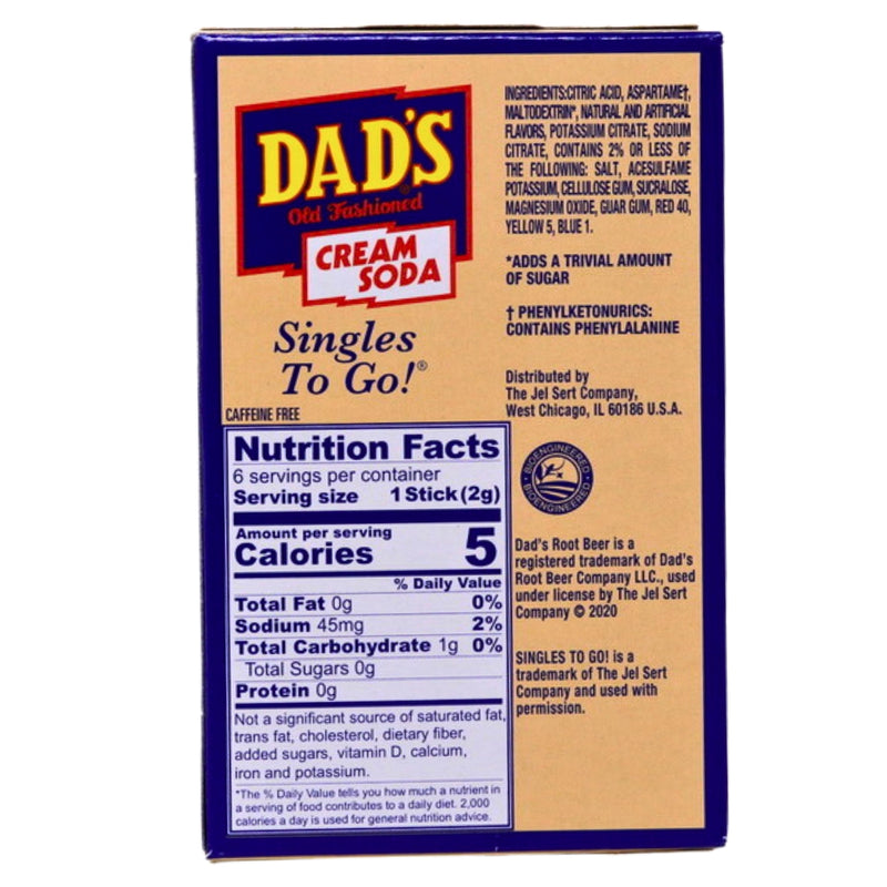 Dad's Old Fashioned Singles To Go Cream Soda Nutrition Facts Ingredientsa-Flavored water-Dad's Old Fashioned-cream soda