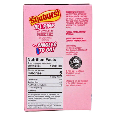 Starburst Singles To Go Drink Mix-All Pink Nutrition Facts Ingredients-All Pink Starburst-pink starburst-flavored water