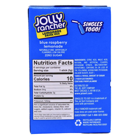 Singles To Go Jolly Rancher Blue Raspberry Lemonade - 19.3g Nutrition Facts Ingredients