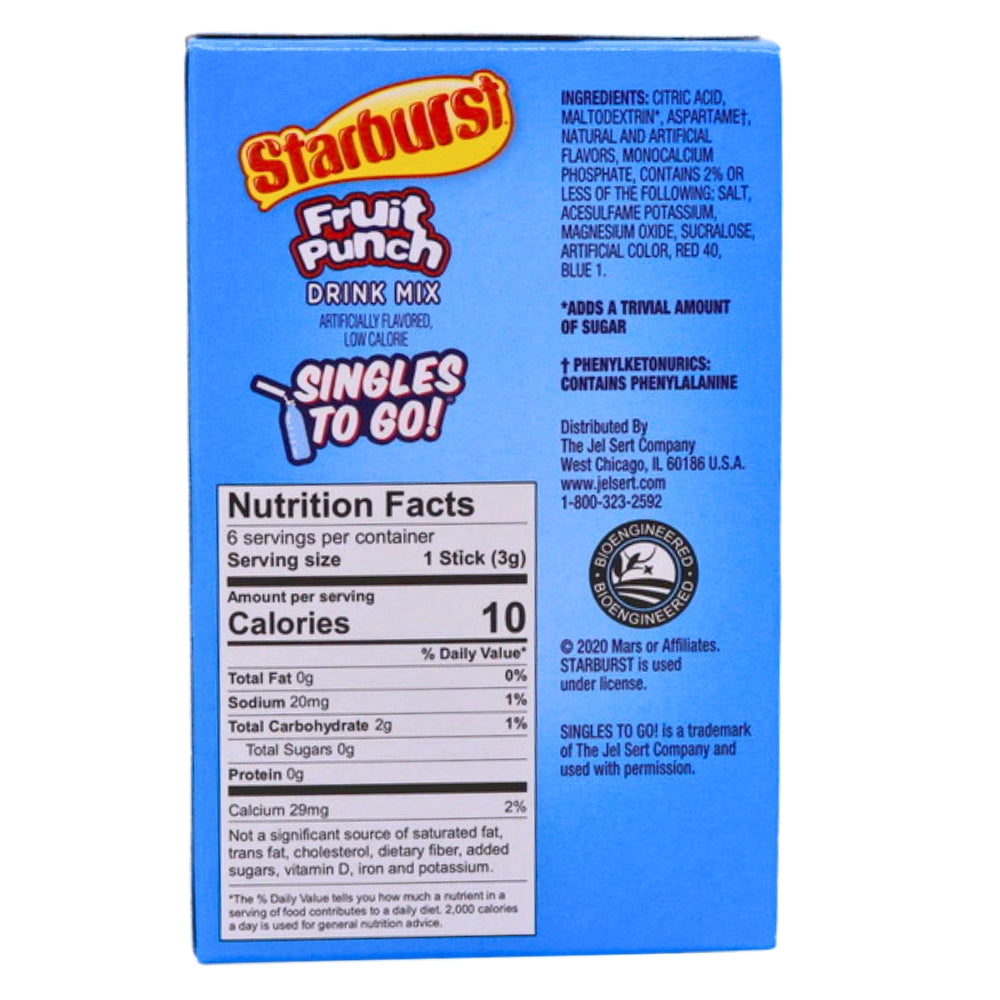 Starburst Singles To Go Drink Mix Fruit Punch Nutrition Facts Ingredients-Flavored water-Starburst-fruit punch Starburst