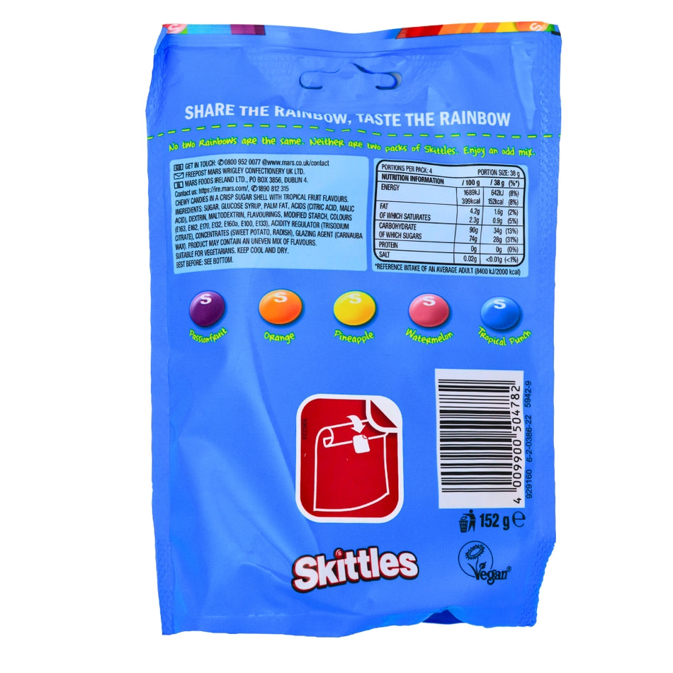 Skittles Tropical (UK)- 152g Nutrition Facts Ingredients -Tropical Skittles - British Candy 