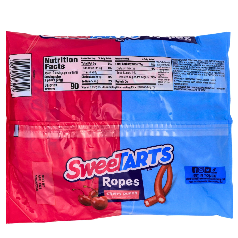 Sweetarts Rope Treats - 9oz Nutrition Facts Ingredients-Halloween Candy-Sweetarts-Cherry Candy