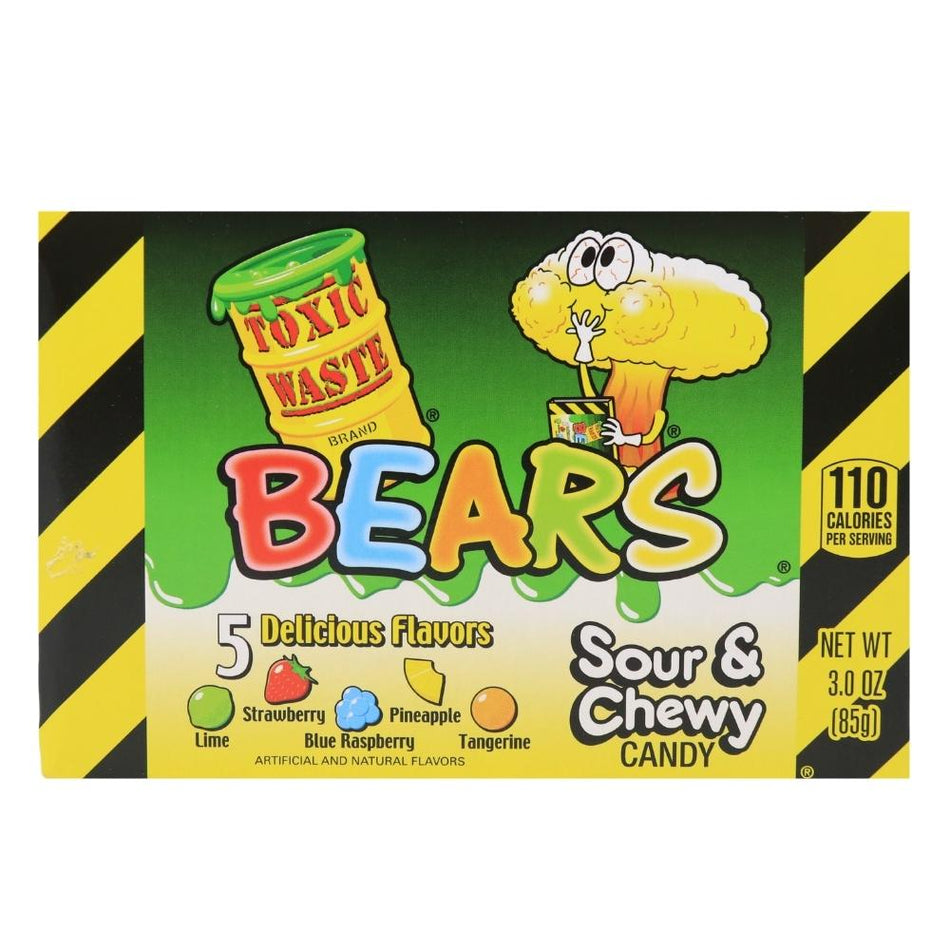 Toxic Waste Sour Bears Theater Box - 3oz, Toxic Waste Sour Bears Theater Box, Sour candy sensation, Tangy punch, Chewy sour goodness, Intense sour flavors, Sweet and sour treat, Convenient theater box, Sharing candy, Pucker-worthy experience, Sour-licious fun, toxic waste, toxic waste candy, sour candy
