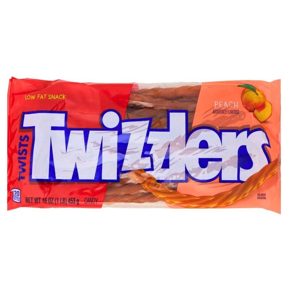 Twizzlers Peach - 16oz, Twizzlers Peach, Peachy perfection, Burst of juicy sweetness, Sun-kissed candy escape, Freshly picked peach flavor, Playful dance of taste, Tender bite sensation, Lingering peachy goodness, Fruity indulgence, Chewy paradise, twizzlers, twizzlers candy, twizzlers licorice, twizzlers peach