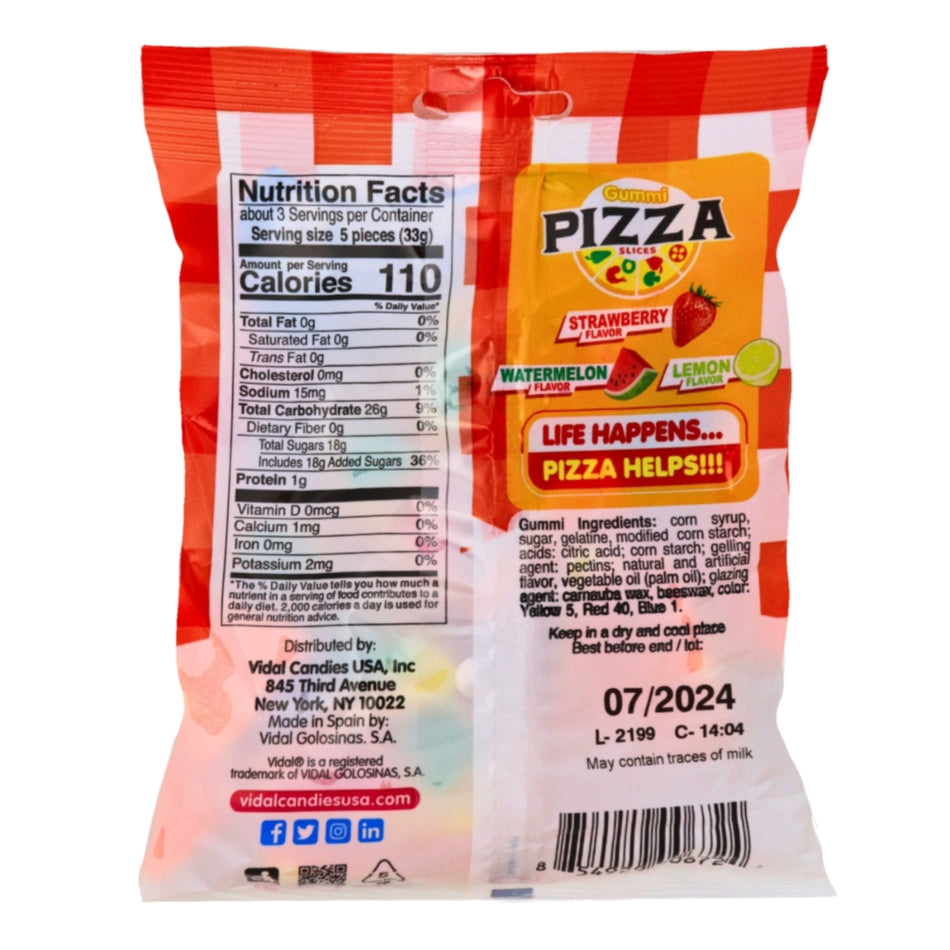 Vidal Pizza Slices - 3.5oz Nutrition Facts Ingredients -Gummies - Gummy Pizza